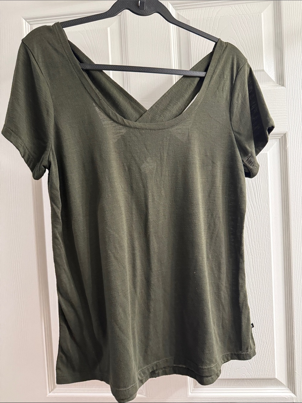 Marika Olive Short Sleeve Scoop Front Crossover V-Back Tee